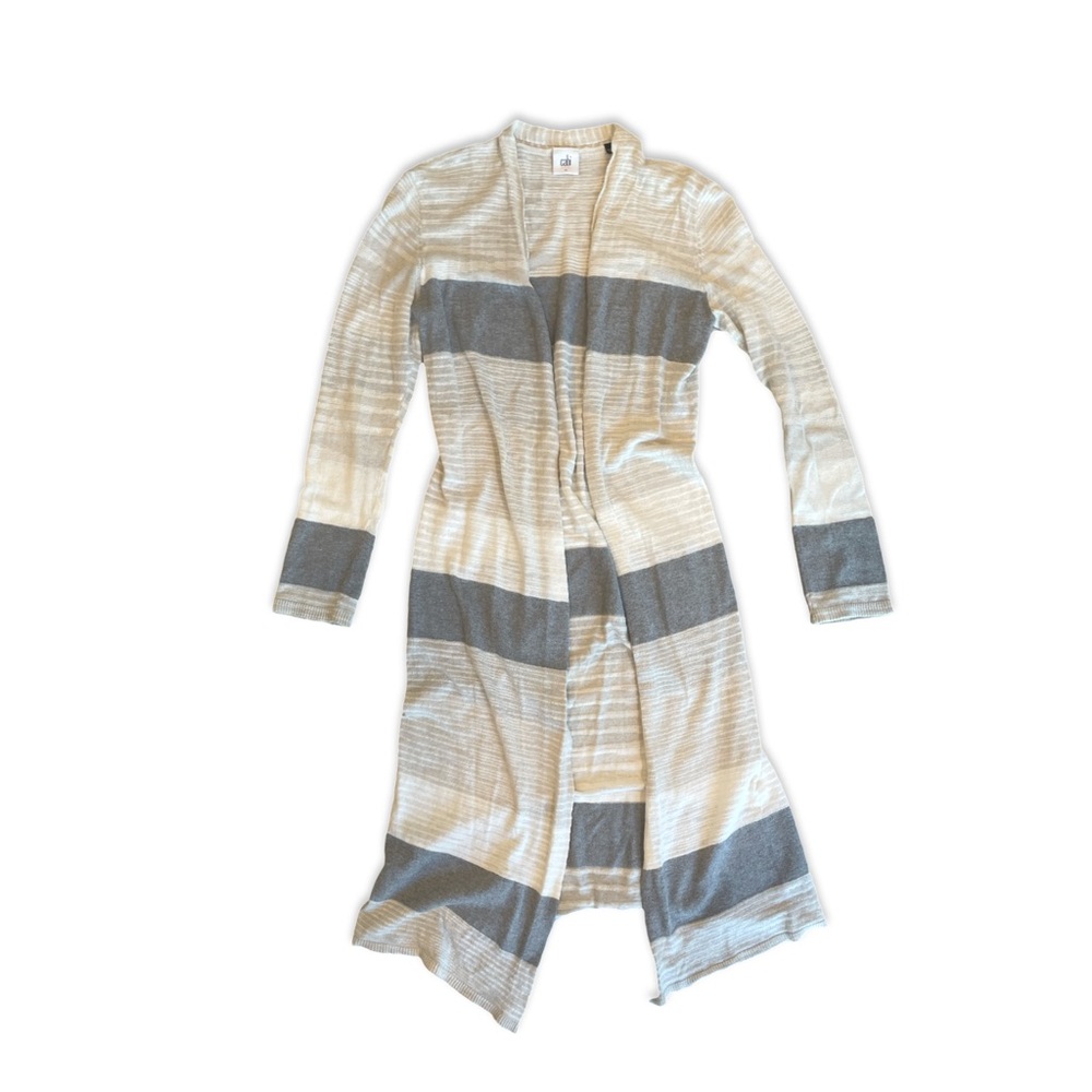 CAbi Vineyard White & Gray Stripe Duster Cardigan Sweater XS #5018